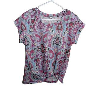 Kate Park T-Shirt Women's Small Printed Short Sleeve Twist Round Neck Casual Top